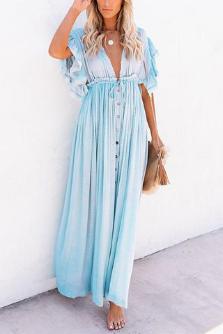 Button Drawstring Waist Bat Maxi Cover Dress