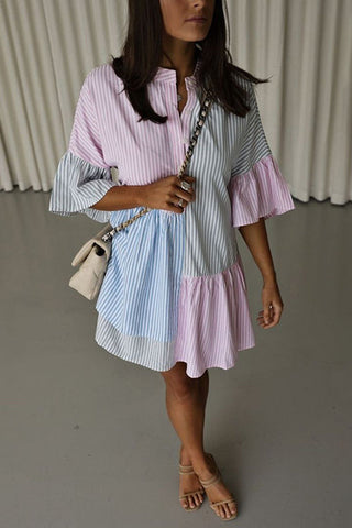 Stripe Color Block Half Button Mini Dress