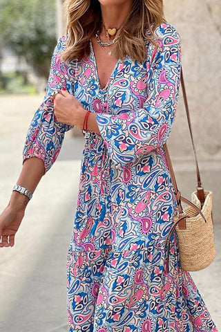 Boho Paisley V Neck Long Sleeve Maxi Dress