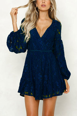 Lace V Neck Puff Sleeve Mini Dress