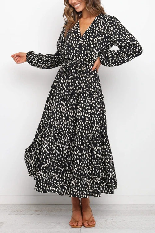 Print Belted Long Sleeve Maxi Dress