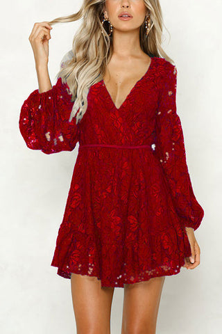 Lace V Neck Puff Sleeve Mini Dress