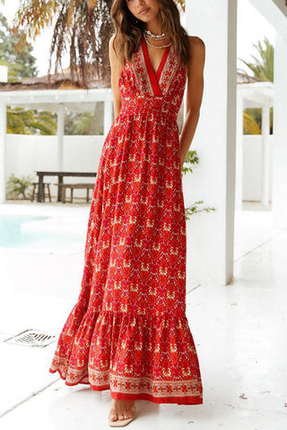 Floral V Neck Halter Neck Backless Maxi Dress