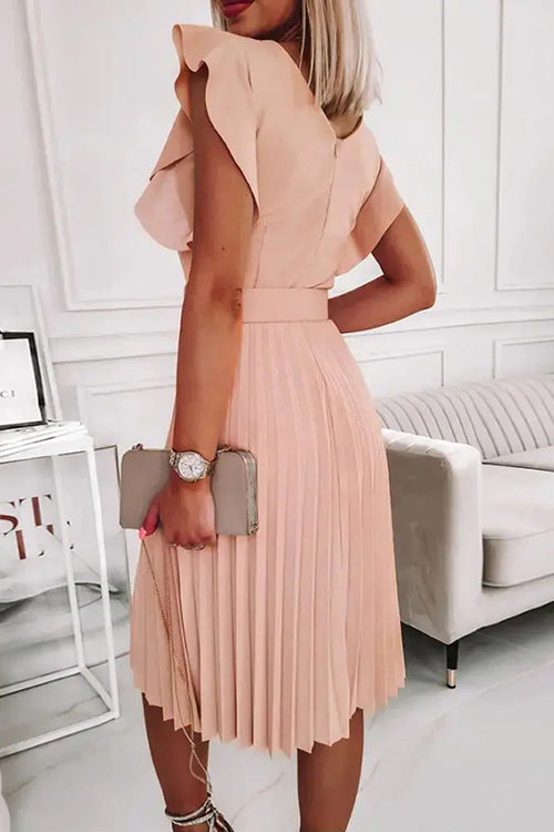 Ruffles O Neck Pleated Midi Dress