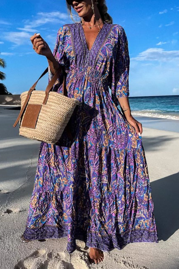 Paisley Print V Neck Bat Sleeve Maxi Dress