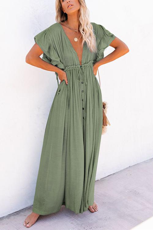 Button Drawstring Waist Bat Maxi Cover Dress