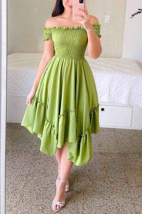 Shirred Bodice Off Shoulder Flap Asymmetric Dress