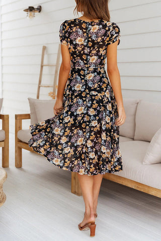 Floral Print V Neck Midi Dress