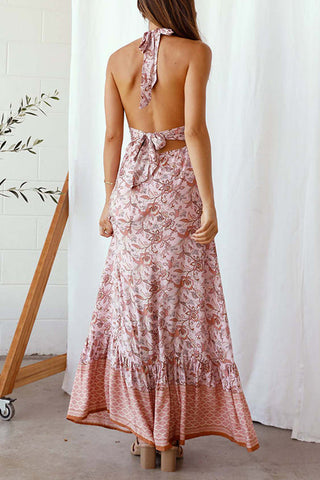 Floral V Neck Halter Neck Backless Maxi Dress