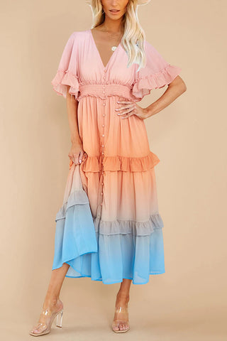 Ombre Sunset Ruffles Maxi Dress