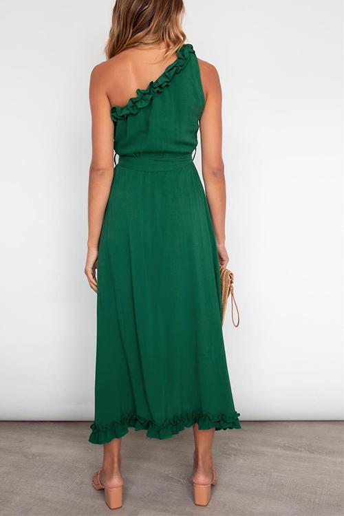 Ruffles One Shoulder Belted Maxi Dress