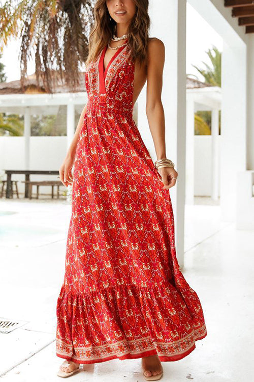 Floral V Neck Halter Neck Backless Maxi Dress