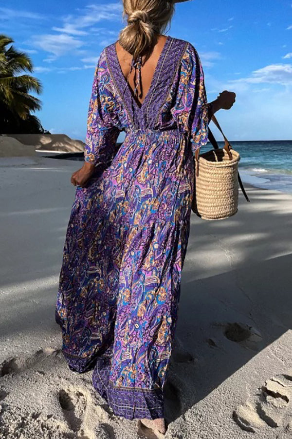 Paisley Print V Neck Bat Sleeve Maxi Dress