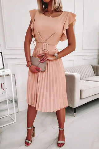 Ruffles O Neck Pleated Midi Dress