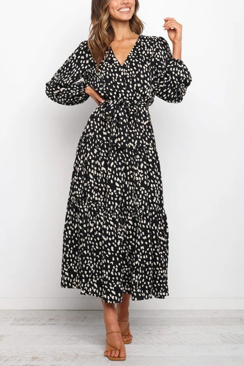 Print Belted Long Sleeve Maxi Dress