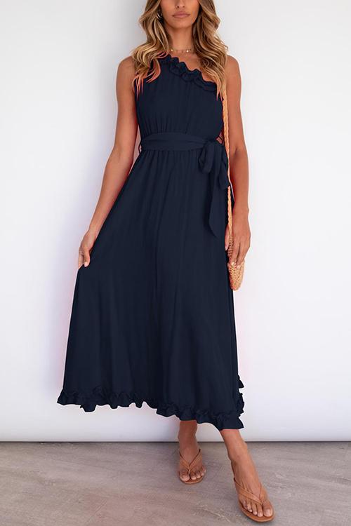 Ruffles One Shoulder Belted Maxi Dress