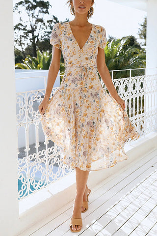 Floral Print V Neck Midi Dress