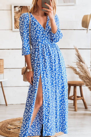 Print Seven Sleeve Slit Wrap Maxi Dress