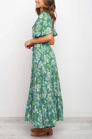 Floral V Neck Tie Waist Maxi Dress