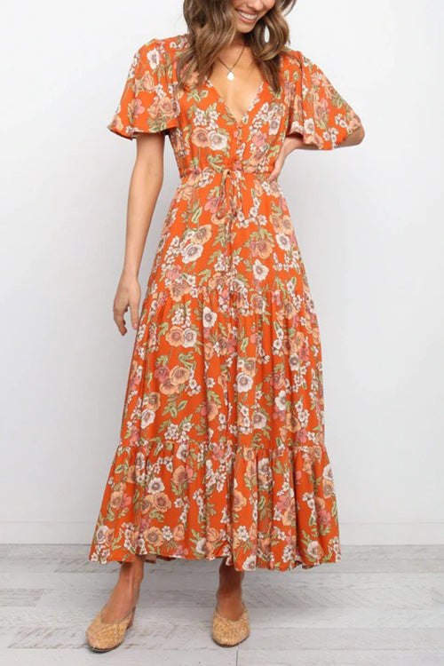 Floral V Neck Tie Waist Maxi Dress