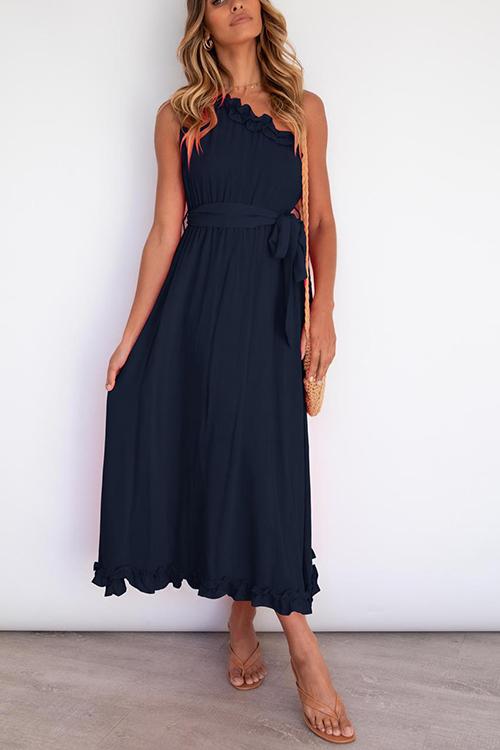 Ruffles One Shoulder Belted Maxi Dress