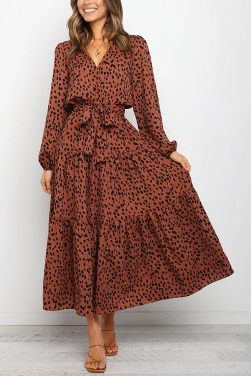 Print Belted Long Sleeve Maxi Dress