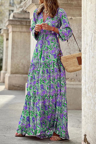 Boho Paisley V Neck Long Sleeve Maxi Dress