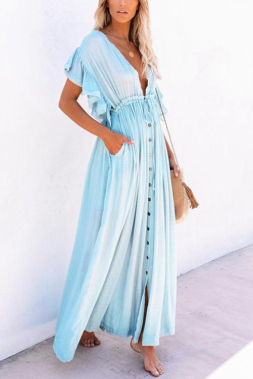 Button Drawstring Waist Bat Maxi Cover Dress