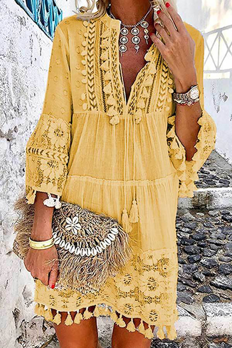 Boho Tassels V Neck Seven Sleeve Dress