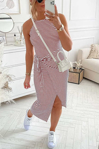 Striped Wrap Tie Asymmetric Halter Midi Dress