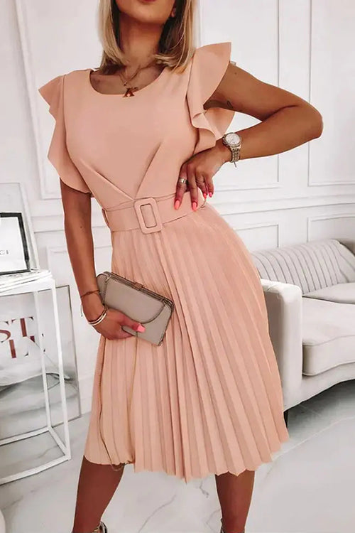 Ruffles O Neck Pleated Midi Dress