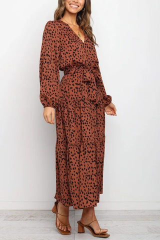 Print Belted Long Sleeve Maxi Dress