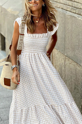 Plaid Ruffles Smocked Maxi Dress