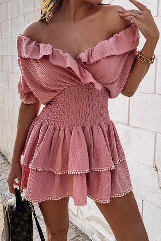 Elastic Ruffles V Neck Mini Dress