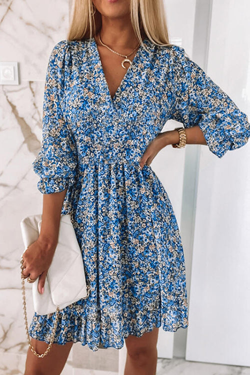 Floral V Neck Elastic Waist Mini Dress