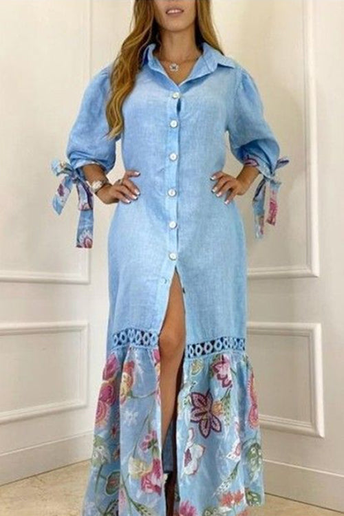 Tie Long Sleeve Button Maxi Dress