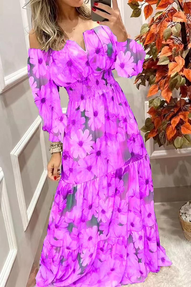 Floral Off Shoulder V Neck Maxi Dress