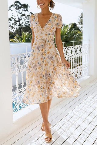 Floral Print V Neck Midi Dress