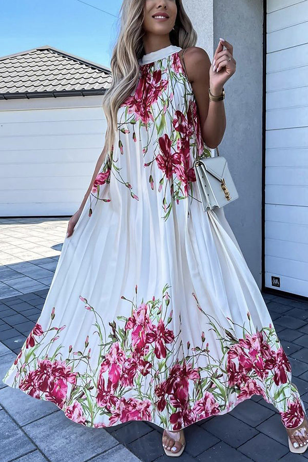 Life In Floral Pleated Halter Neck Maxi Dress