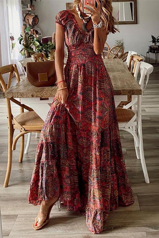 Print V Neck Smocked Maxi Dress