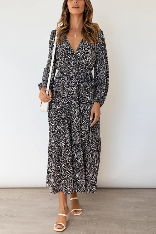 Print Belted Long Sleeve Maxi Dress