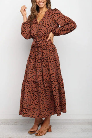 Print Belted Long Sleeve Maxi Dress