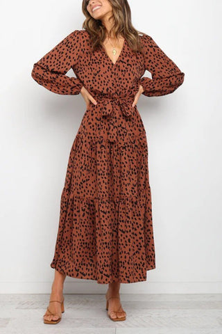 Print Belted Long Sleeve Maxi Dress