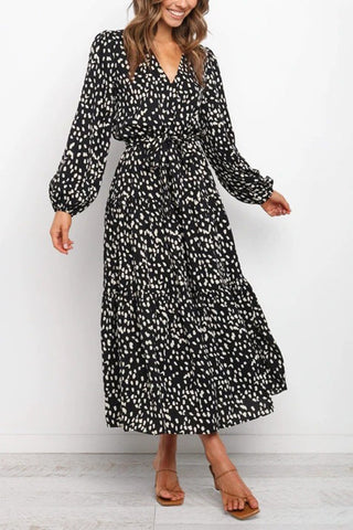 Print Belted Long Sleeve Maxi Dress