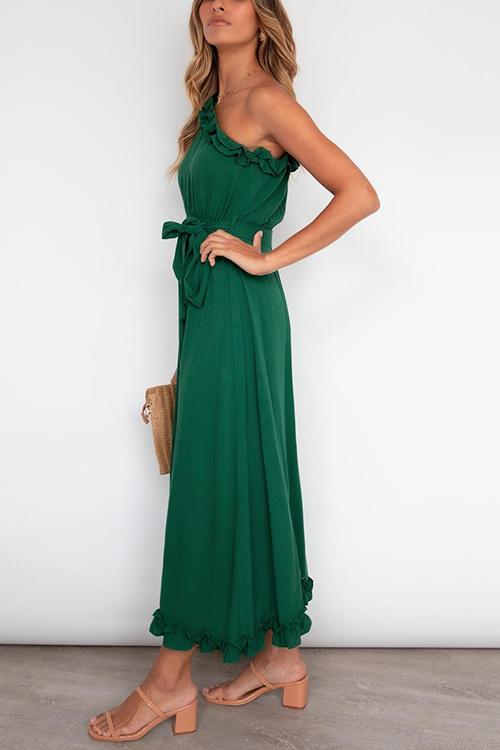 Ruffles One Shoulder Belted Maxi Dress