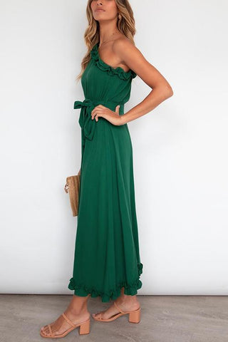 Ruffles One Shoulder Belted Maxi Dress