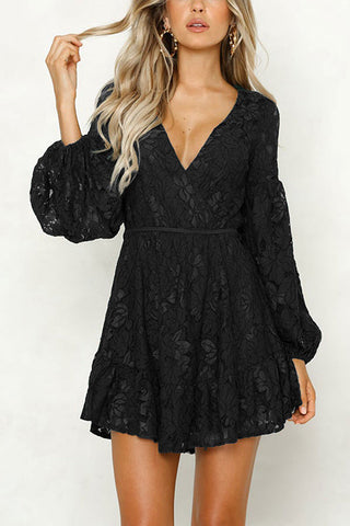 Lace V Neck Puff Sleeve Mini Dress