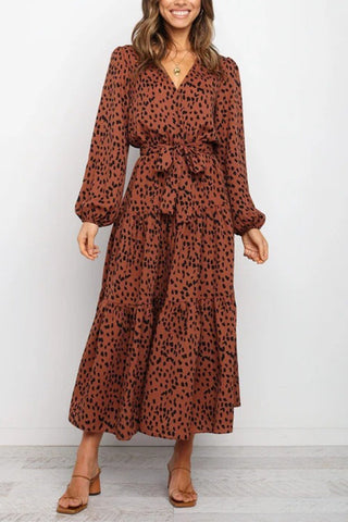 Print Belted Long Sleeve Maxi Dress