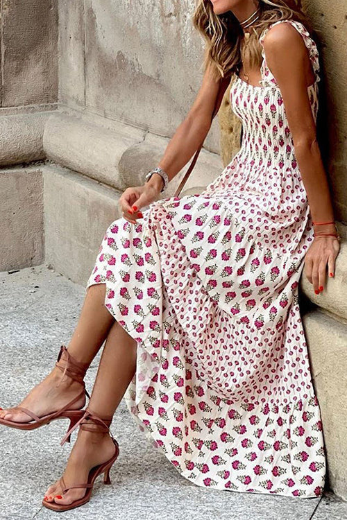 Printed Smocked Ruffle Maxi Dress