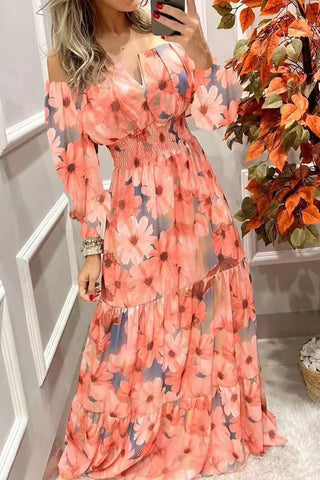 Floral Off Shoulder V Neck Maxi Dress